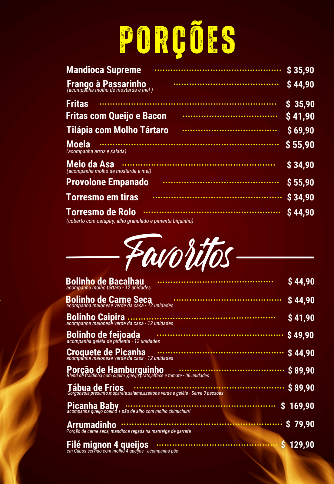 Cardápio FiléMiau - porções e favoritos
